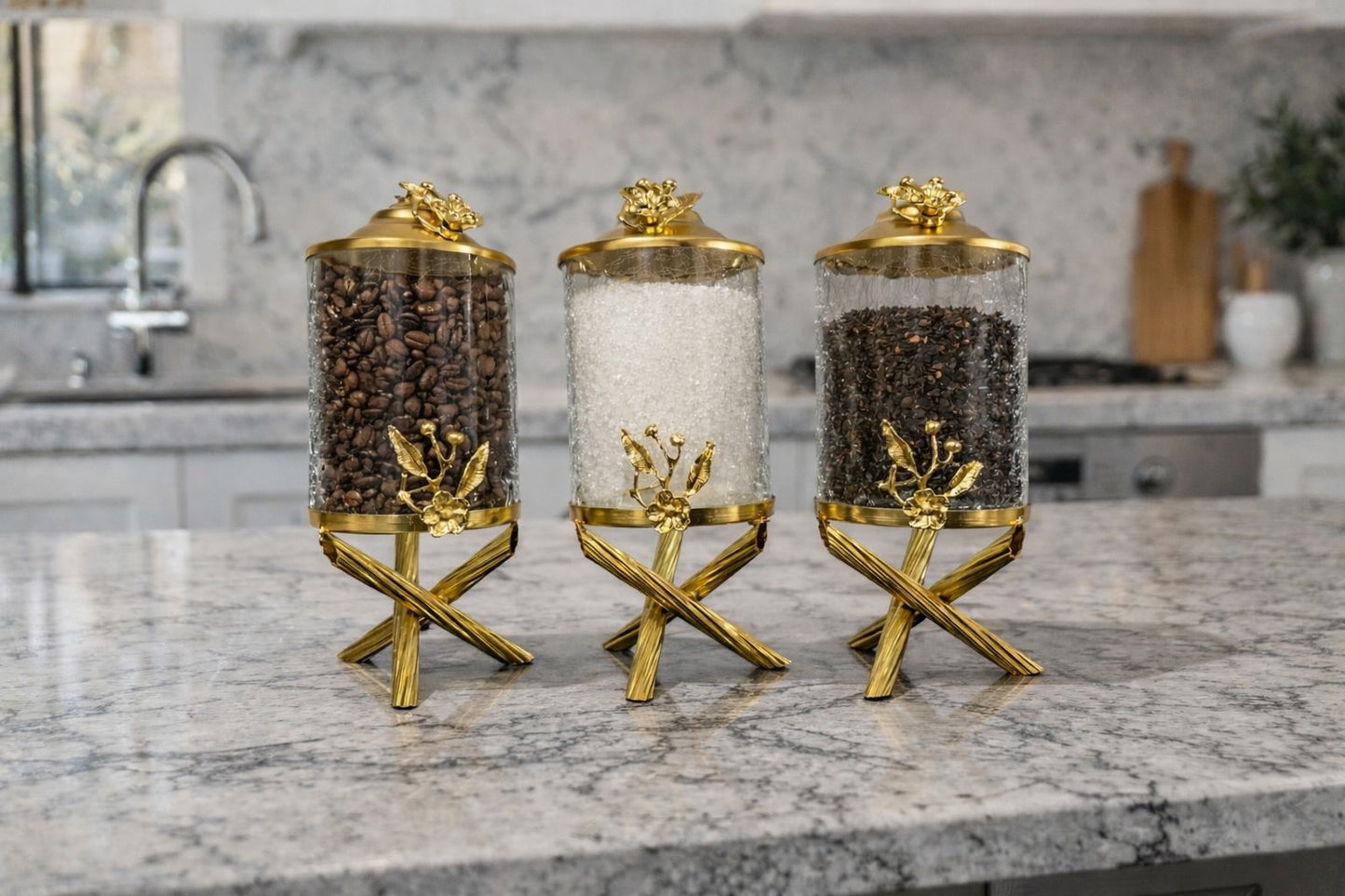 Luxury Gold Canister Set | 3 Piece Kitchen Storage Jar Set with Flower Design