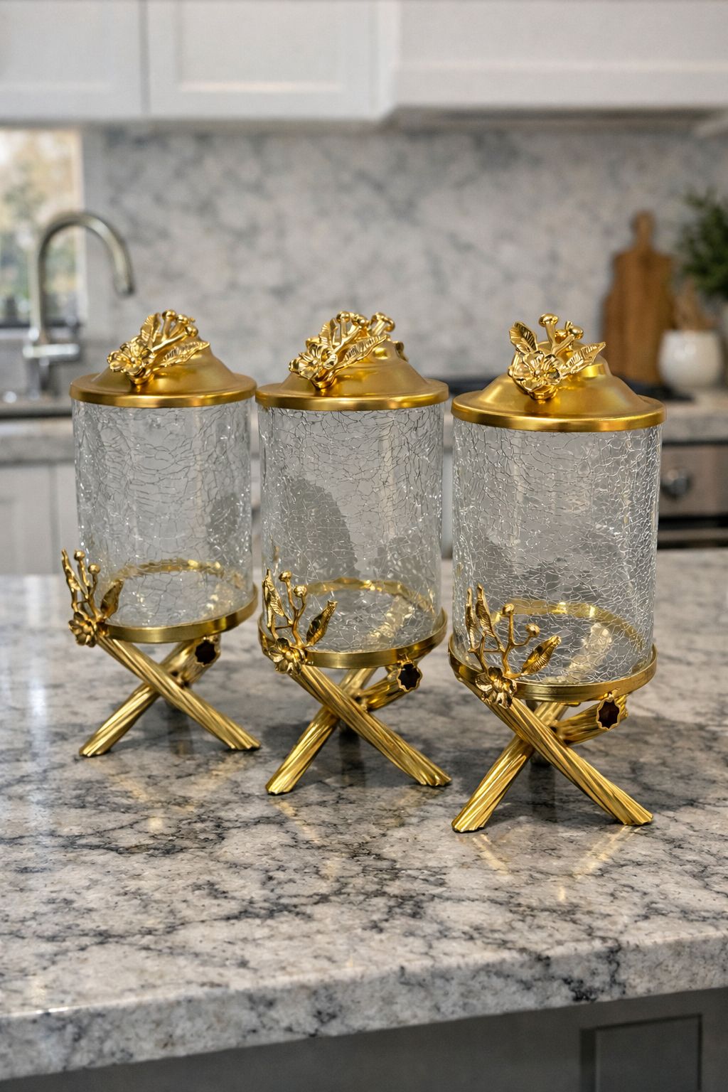 Luxury Gold Canister Set | 3 Piece Kitchen Storage Jar Set with Flower Design
