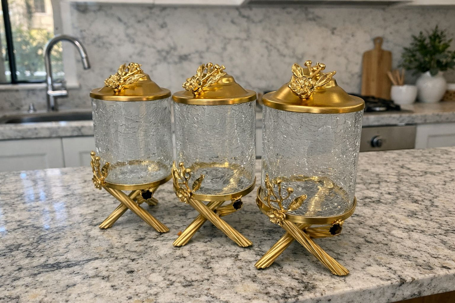 Luxury Gold Canister Set | 3 Piece Kitchen Storage Jar Set with Flower Design