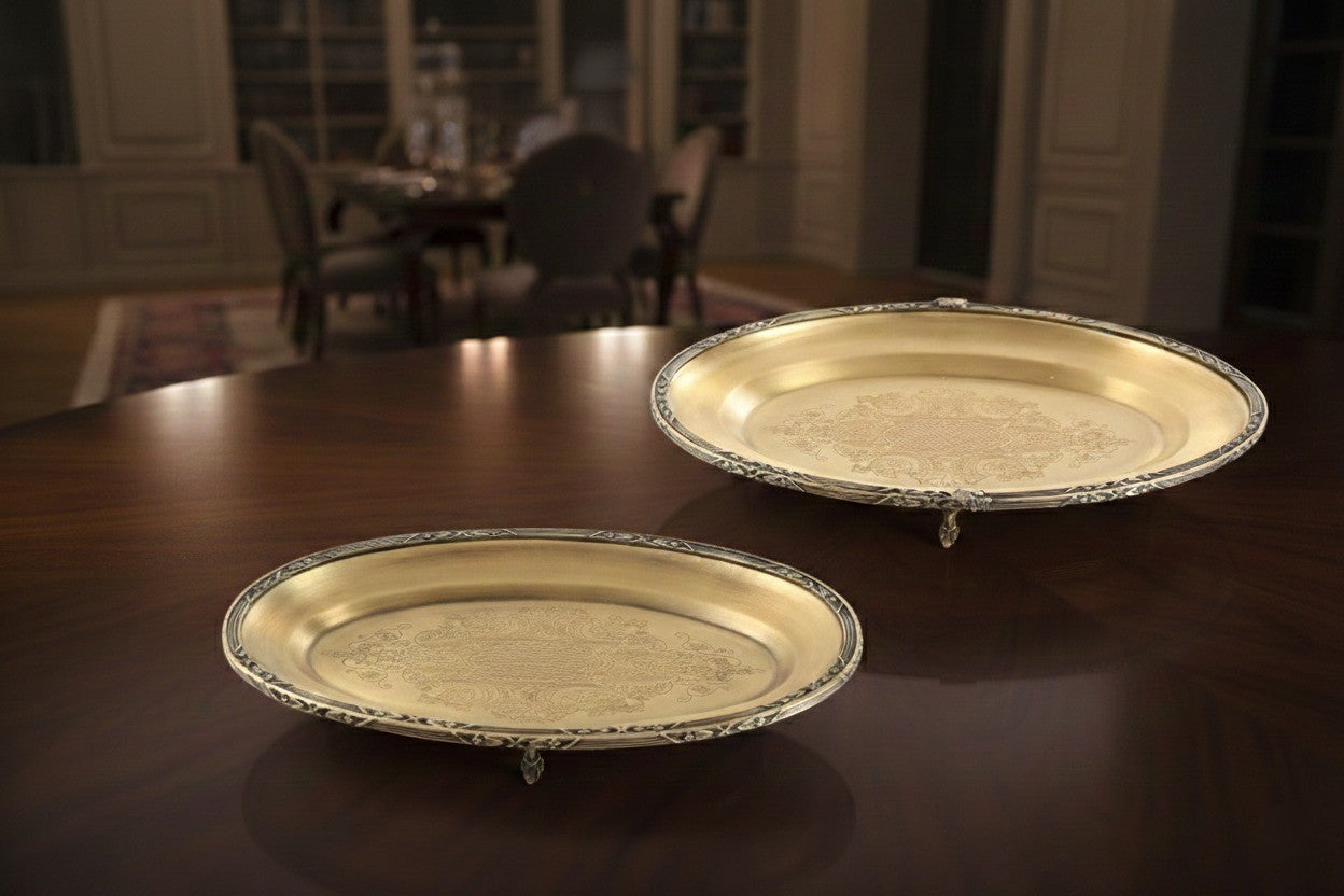 Silver Oval Serving Tray with Feet, Decorative Metal Presentation Platter for Home and Events