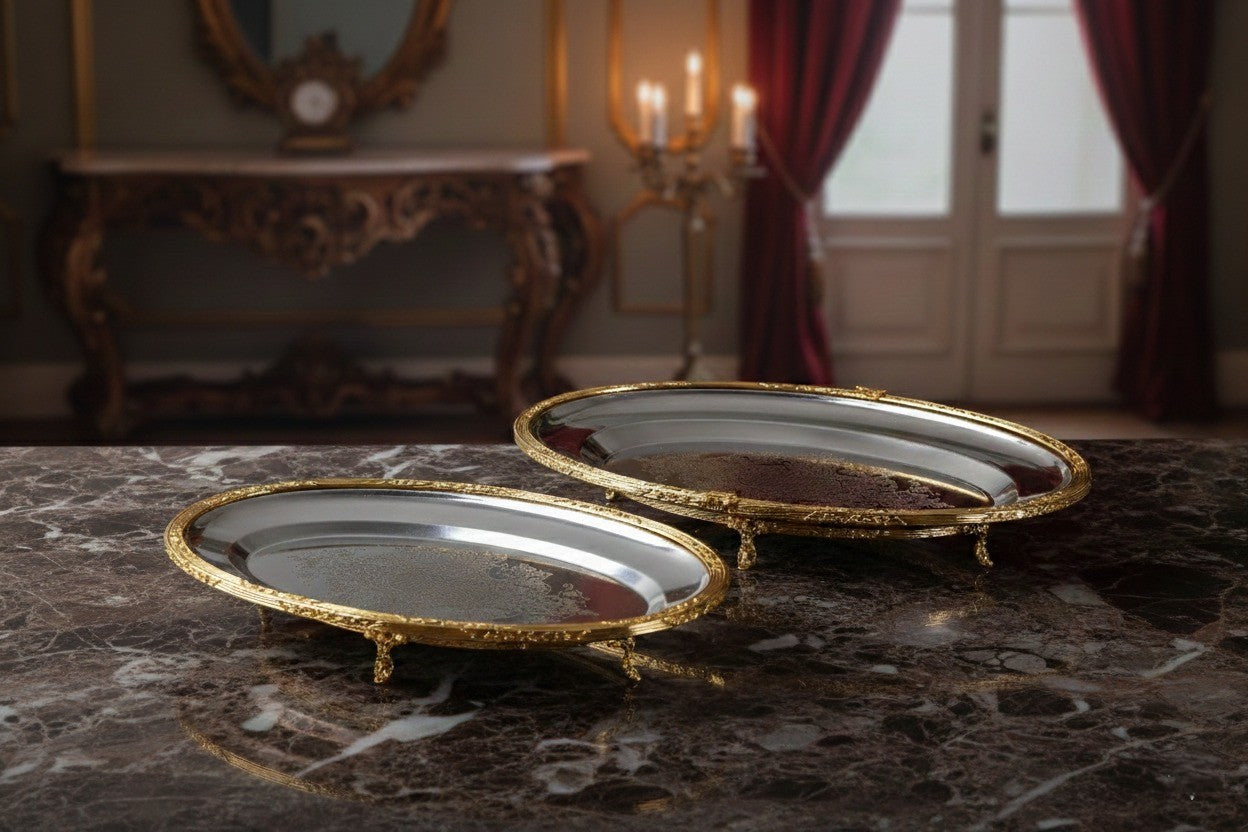 Silver Oval Serving Tray with Feet, Decorative Metal Presentation Platter for Home and Events