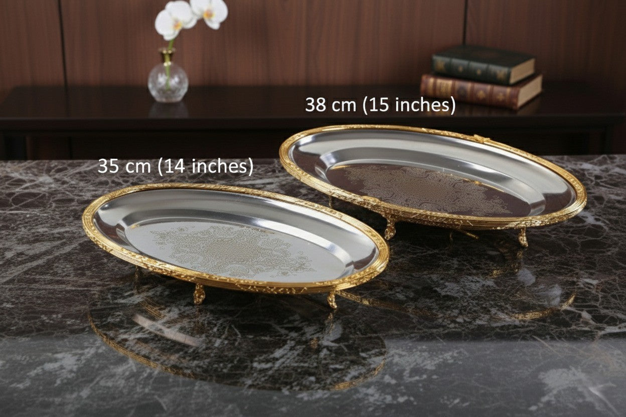 Silver Oval Serving Tray with Feet, Decorative Metal Presentation Platter for Home and Events