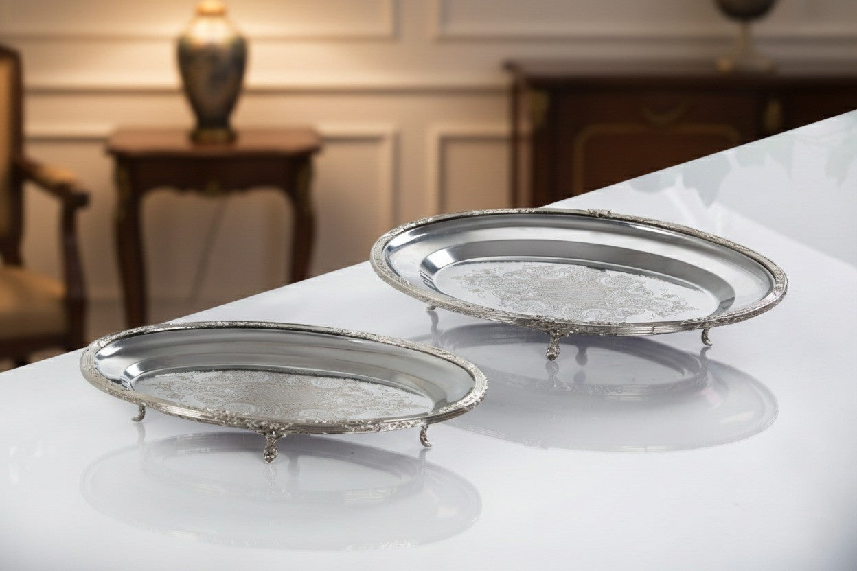 Silver Oval Serving Tray with Feet, Decorative Metal Presentation Platter for Home and Events