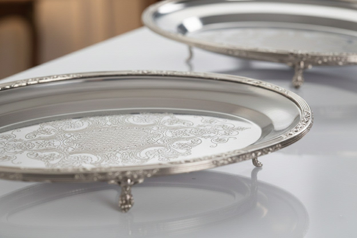 Silver Oval Serving Tray with Feet, Decorative Metal Presentation Platter for Home and Events