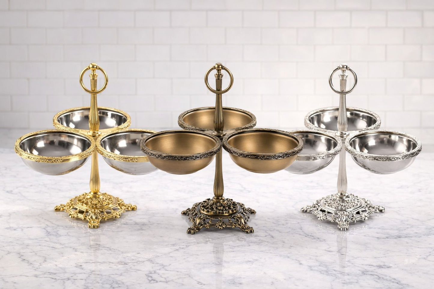Triple Candy Dish with Handle | Antique Footed Serving Bowl