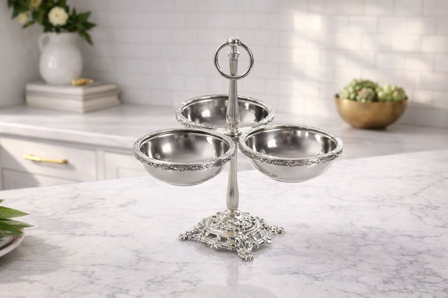 Triple Candy Dish with Handle | Antique Footed Serving Bowl