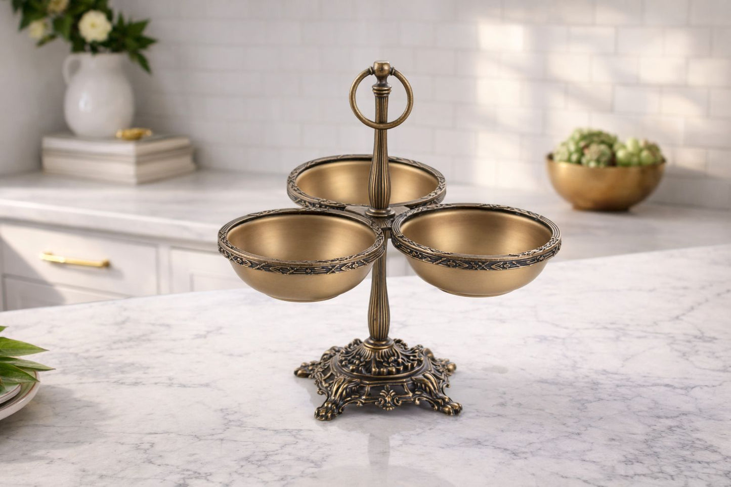 Triple Candy Dish with Handle | Antique Footed Serving Bowl