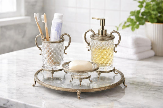 Luxury Antique 4 Piece Bathroom Accessory Set | Crystal Glass with Ornate Metal Stand | Soap Dispenser, Dish, Toothbrush Holder & Tray
