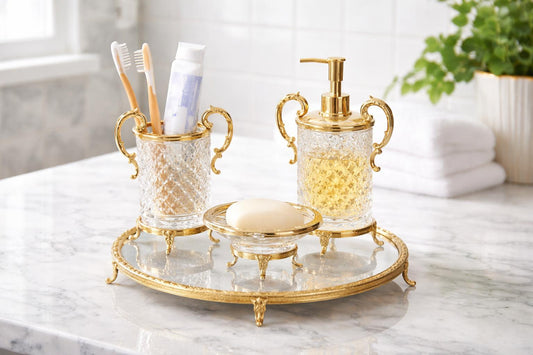 Silver Luxury 4 Piece Bathroom Accessory Set | Crystal Glass with Ornate Metal Stand | Soap Dispenser, Dish, Toothbrush Holder & Tray