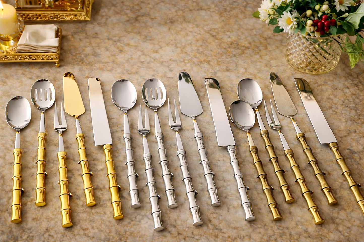 Gold Bamboo Handle Luxury Serving Set