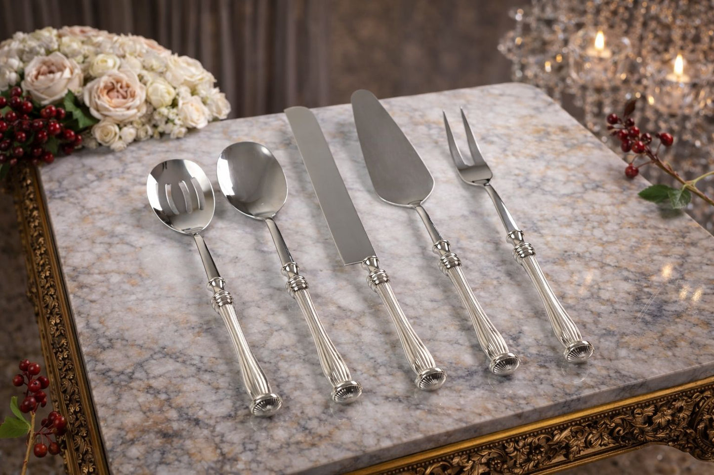 Elegant Serving Utensil Set with Textured Brass Handles