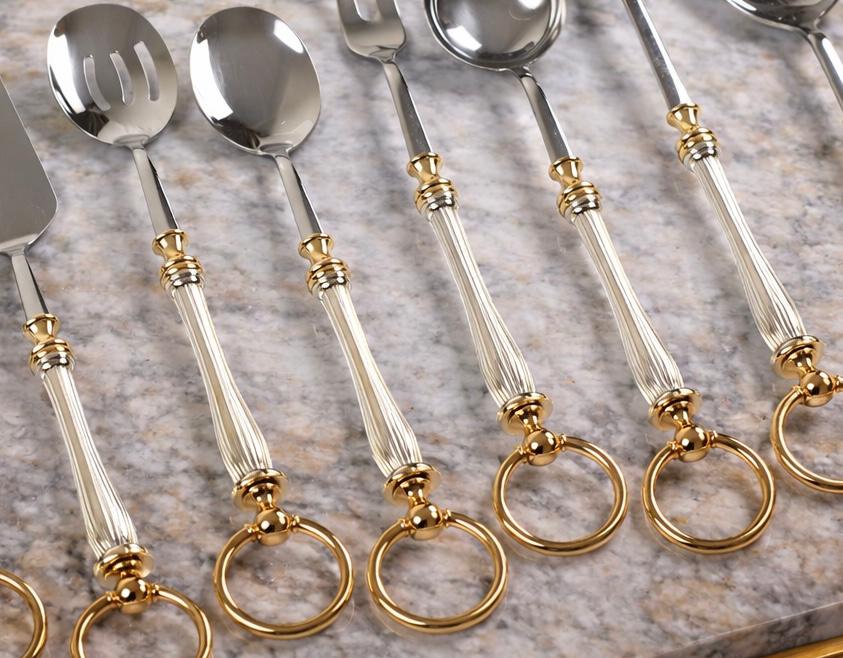 Premium Serving Utensil Set with Decorative Ring Handles | White