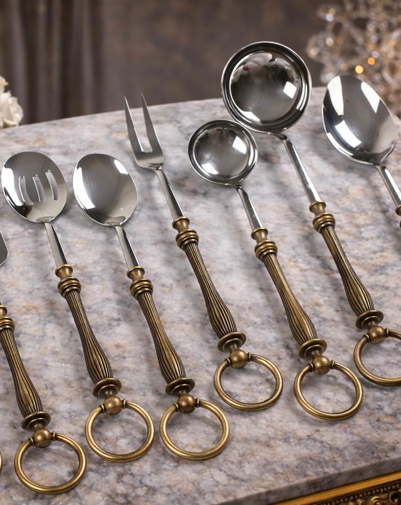 Premium Serving Utensil Set with Decorative Ring Handles | White