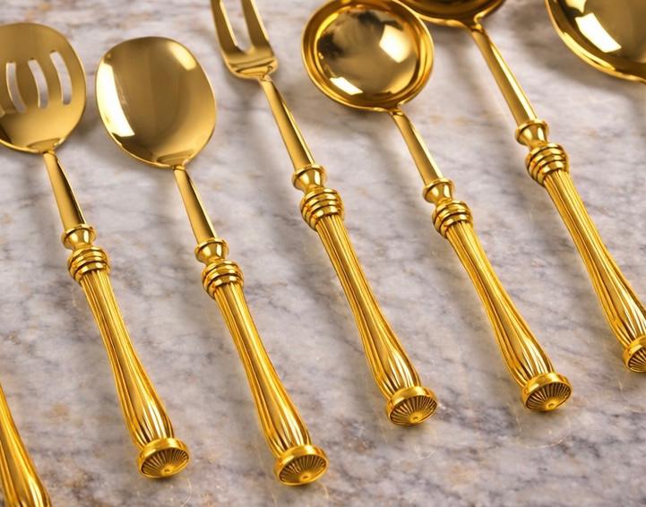 5 Piece Elegant Serving Utensil Set with Textured Brass Handles