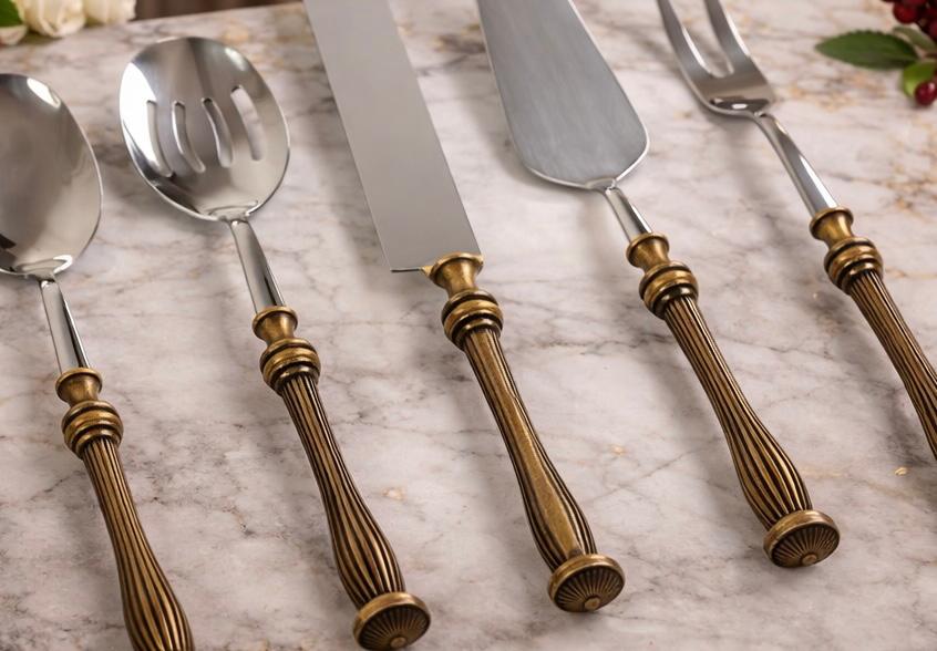 5 Piece Elegant Serving Utensil Set with Textured Brass Handles