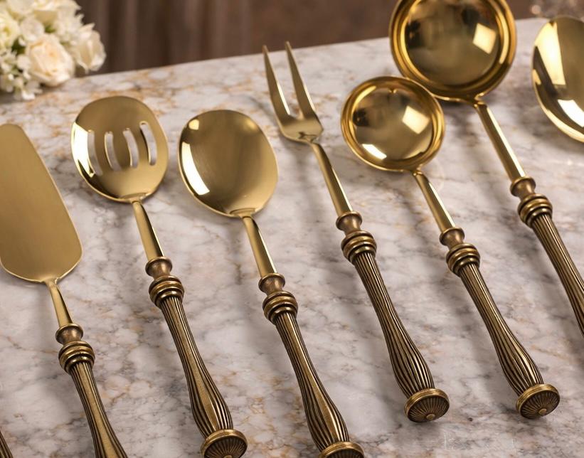 5 Piece Elegant Serving Utensil Set with Textured Brass Handles