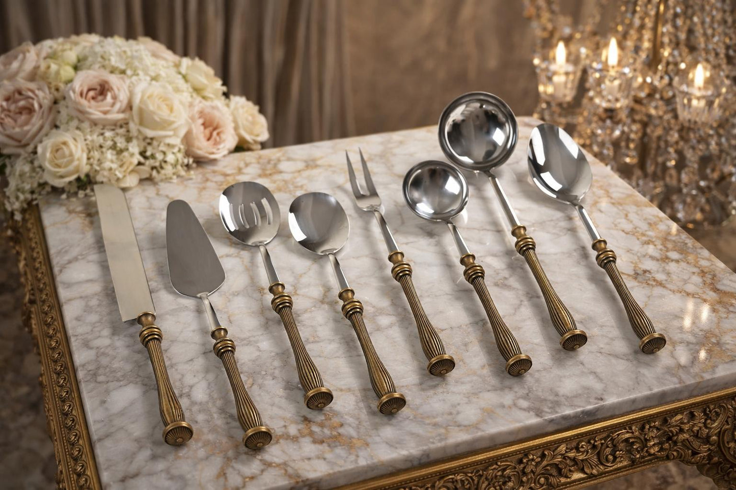 5 Piece Elegant Serving Utensil Set with Textured Brass Handles