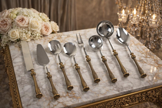 Elegant Serving Utensil Set with Textured Brass Handles
