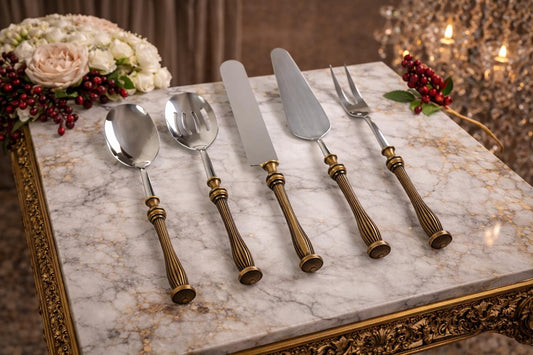 5 Piece Elegant Serving Utensil Set with Textured Brass Handles