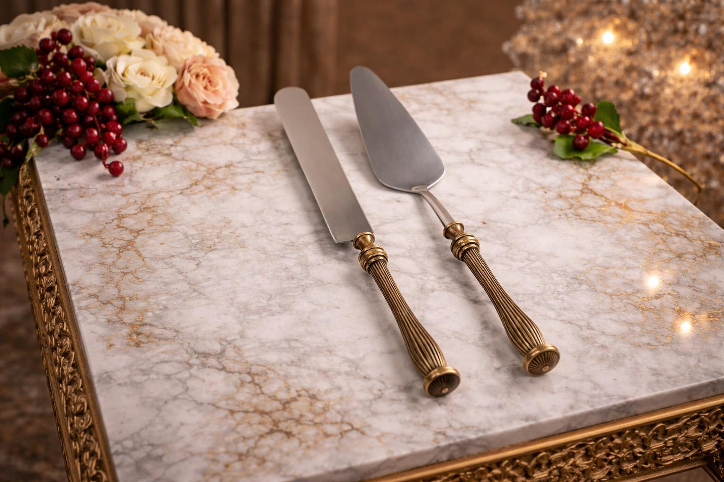 5 Piece Elegant Serving Utensil Set with Textured Brass Handles