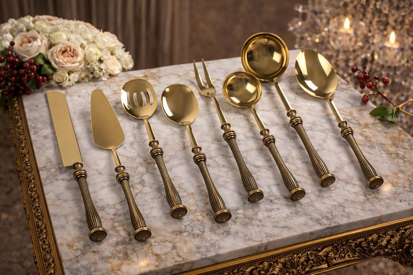 5 Piece Elegant Serving Utensil Set with Textured Brass Handles