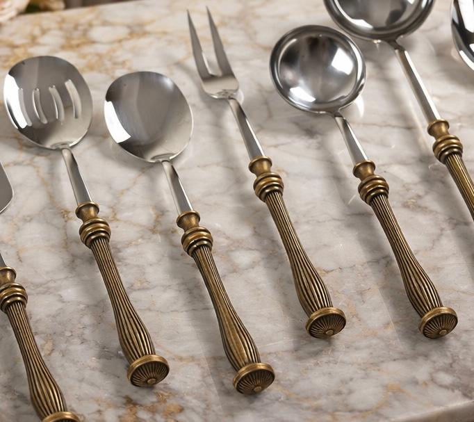 5 Piece Elegant Serving Utensil Set with Textured Brass Handles