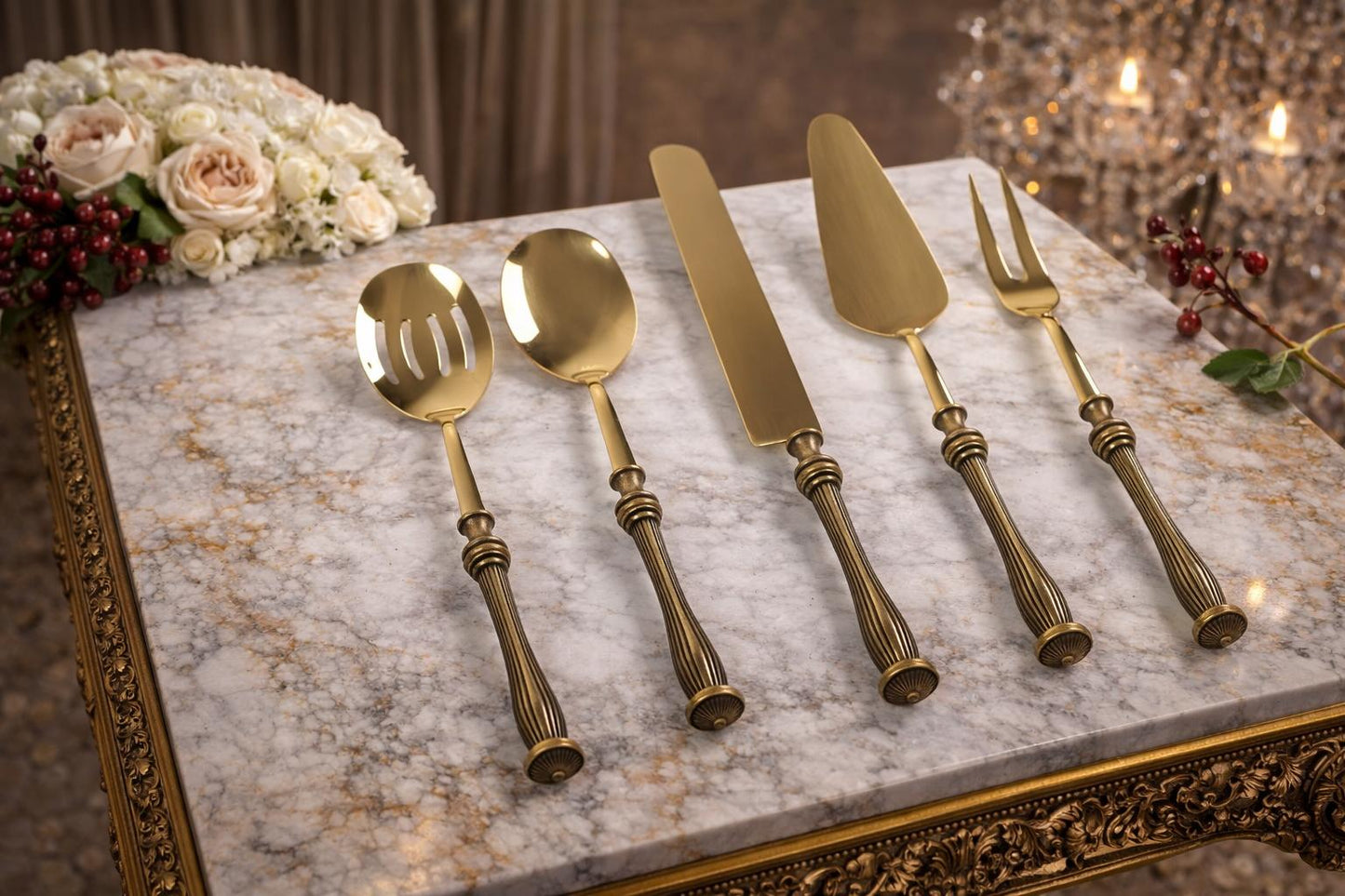 5 Piece Elegant Serving Utensil Set with Textured Brass Handles
