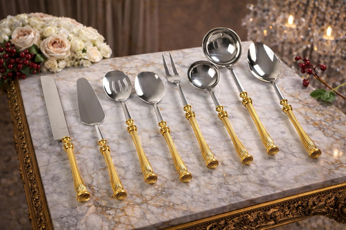 5 Piece Elegant Serving Utensil Set with Textured Brass Handles