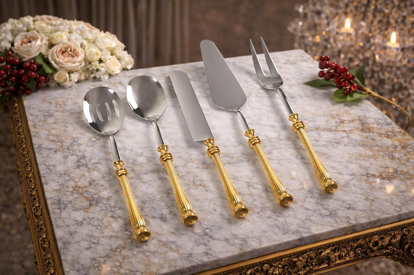 5 Piece Elegant Serving Utensil Set with Textured Brass Handles