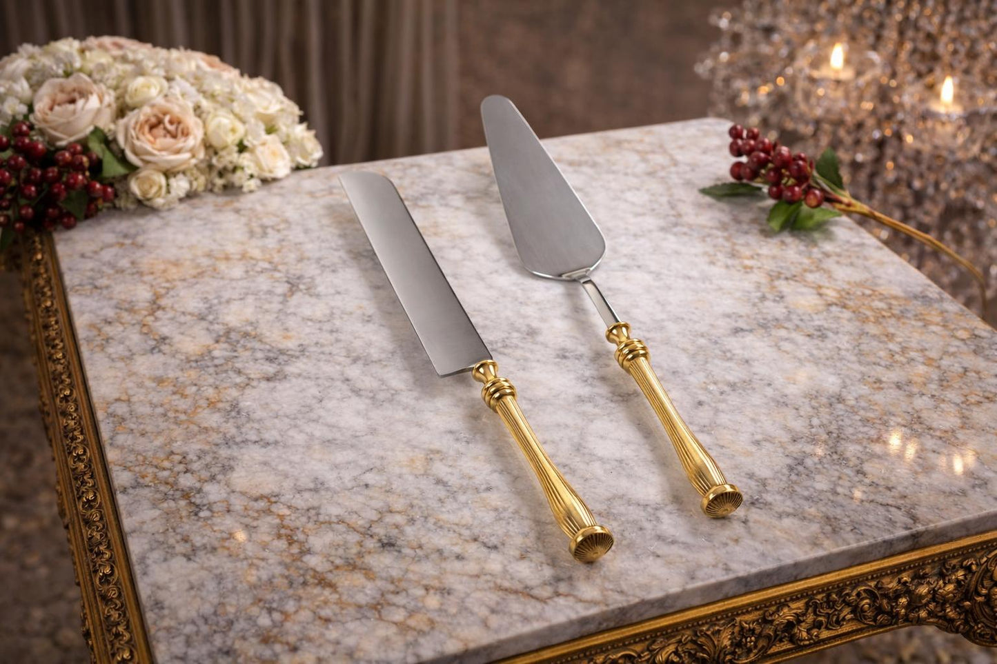 5 Piece Elegant Serving Utensil Set with Textured Brass Handles