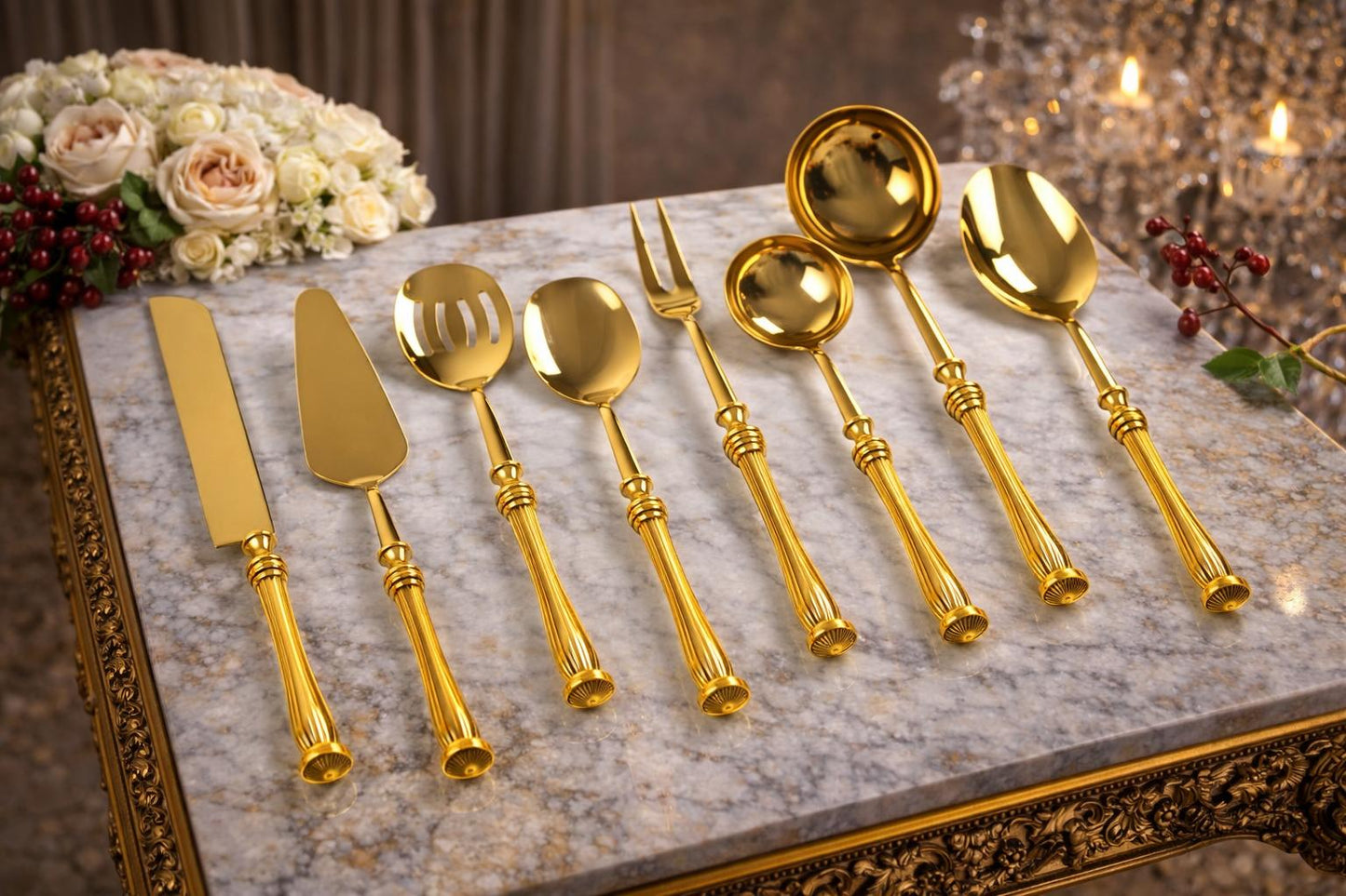 5 Piece Elegant Serving Utensil Set with Textured Brass Handles
