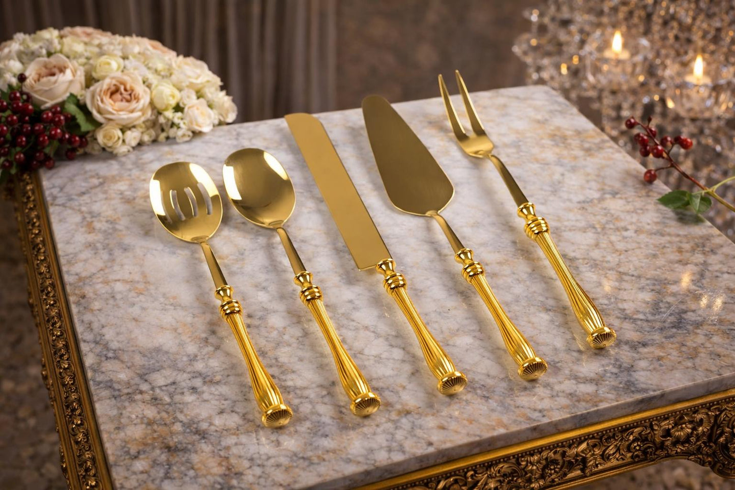 5 Piece Elegant Serving Utensil Set with Textured Brass Handles