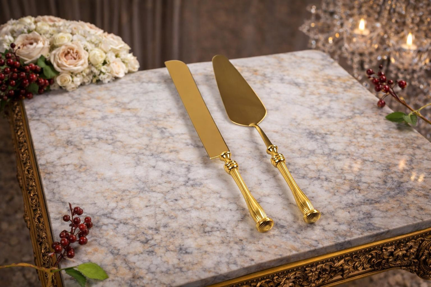 5 Piece Elegant Serving Utensil Set with Textured Brass Handles