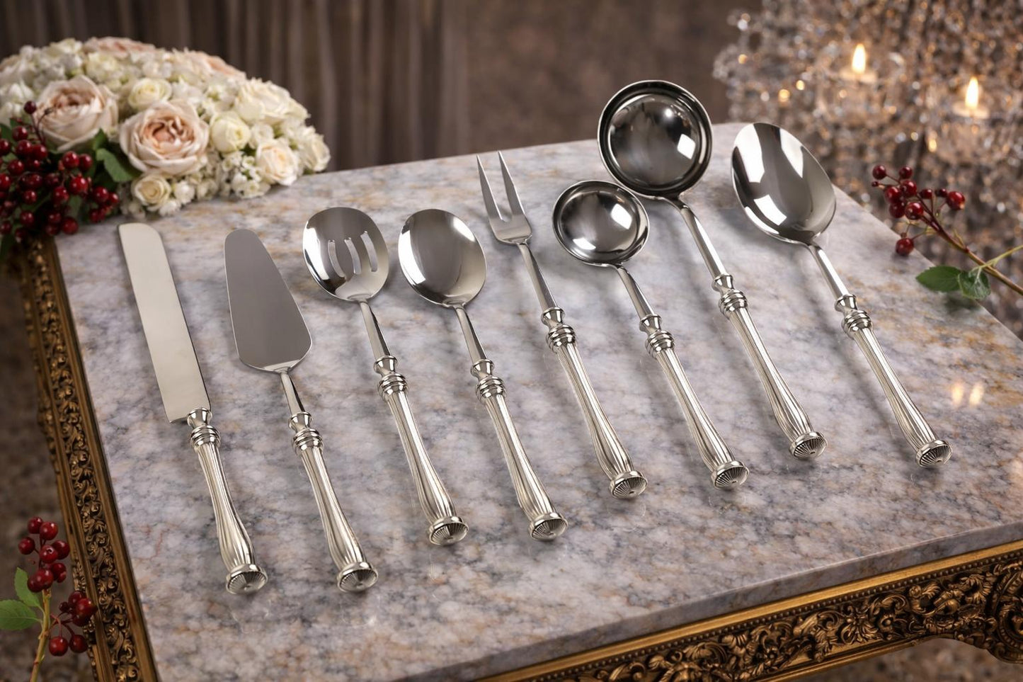 5 Piece Elegant Serving Utensil Set with Textured Brass Handles