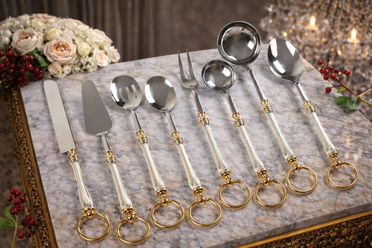 Premium Serving Utensil Set with Decorative Ring Handles | White