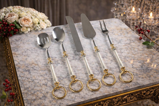 5 Piece Premium Serving Utensil Set with Decorative Ring Handles | White