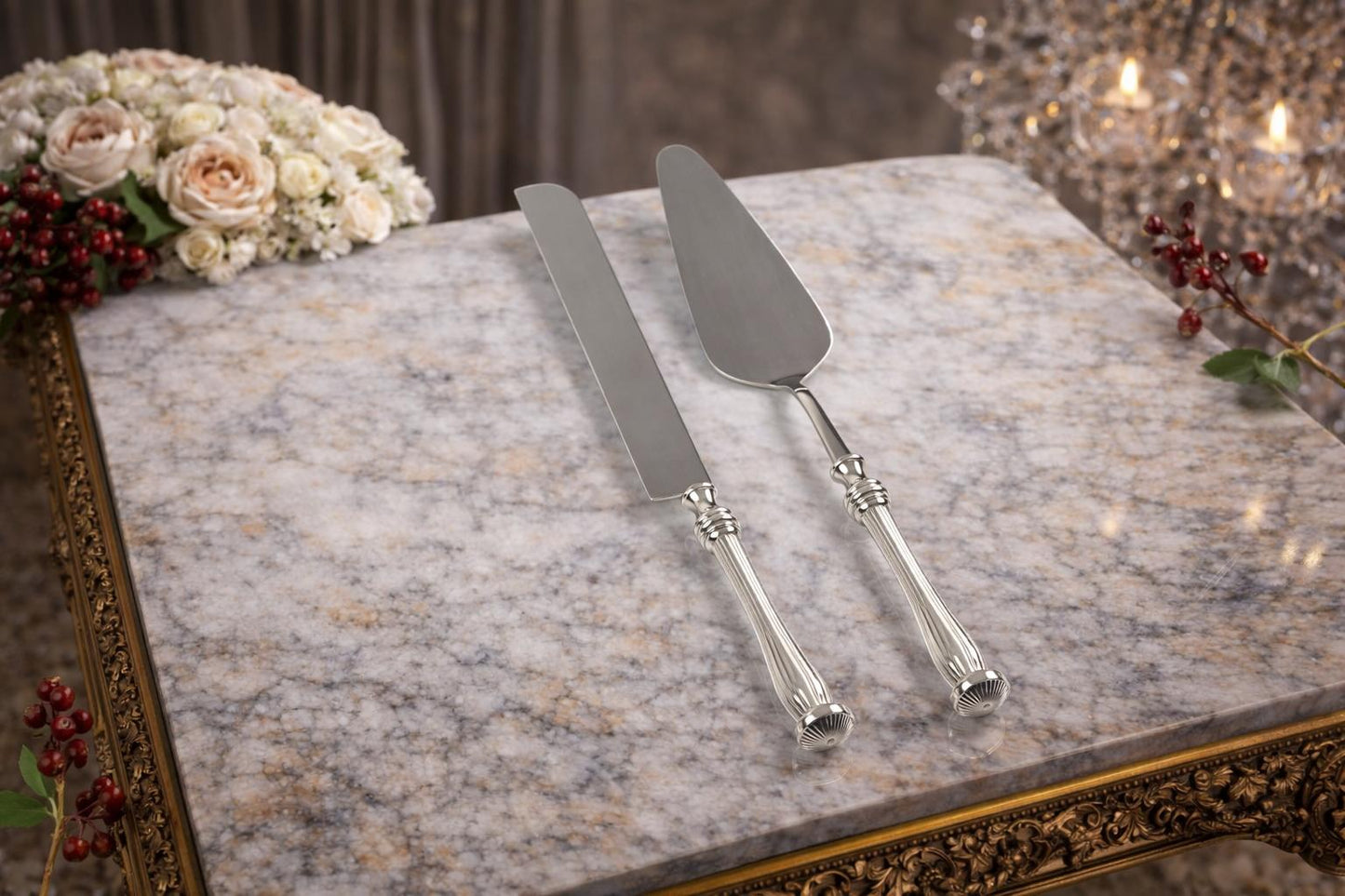 5 Piece Elegant Serving Utensil Set with Textured Brass Handles