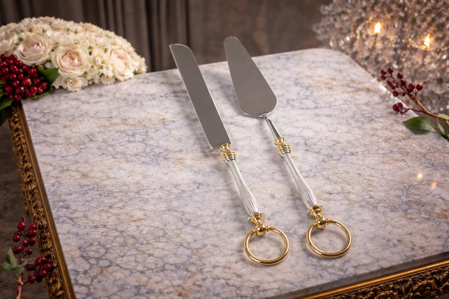 Premium Serving Utensil Set with Decorative Ring Handles | White