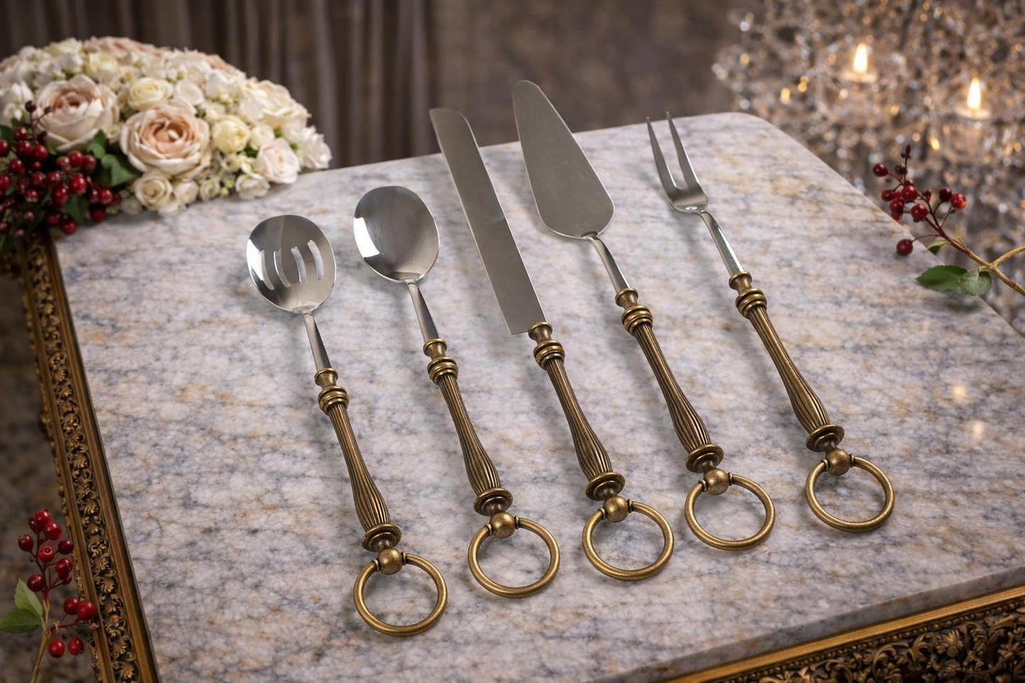 Premium Serving Utensil Set with Decorative Ring Handles | White