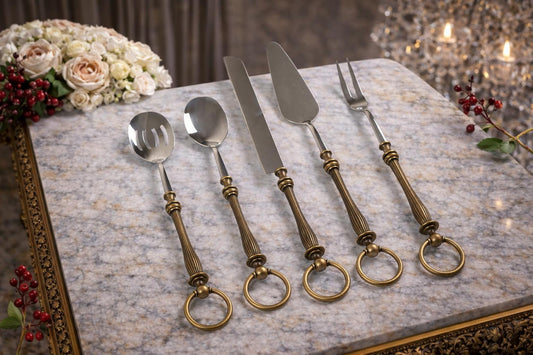 5 Piece Premium Serving Utensil Set with Decorative Ring Handles