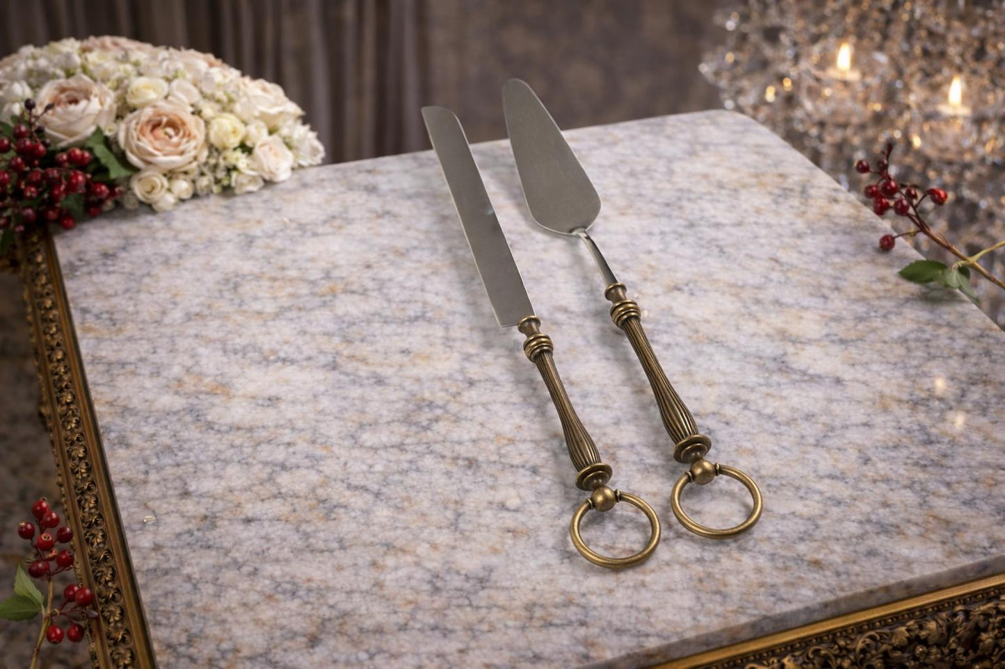 Premium Serving Utensil Set with Decorative Ring Handles | White