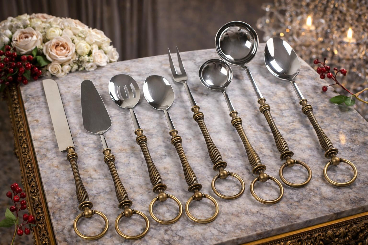 Premium Serving Utensil Set with Decorative Ring Handles | White