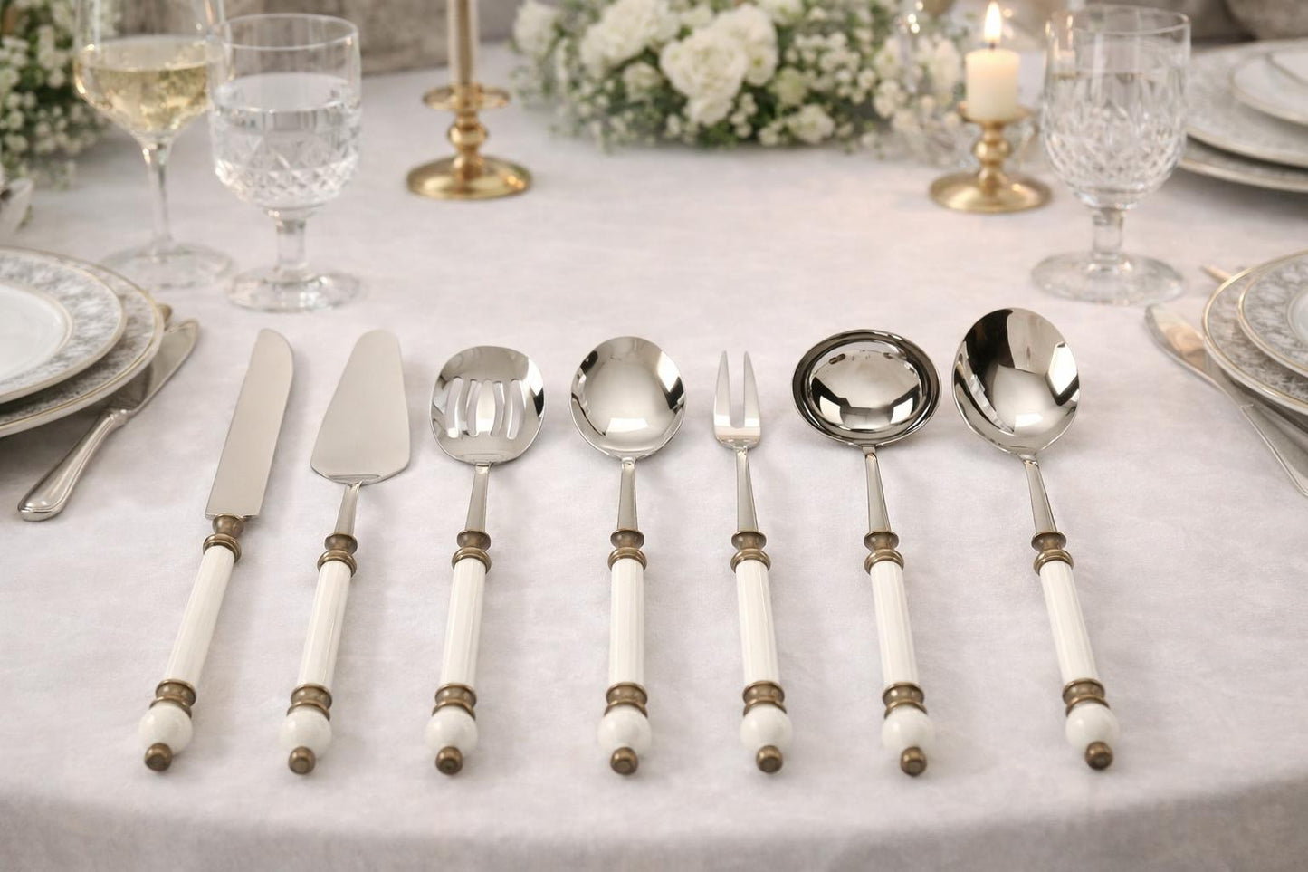 8-Piece Gold Serving Set with Elegant White Handles
