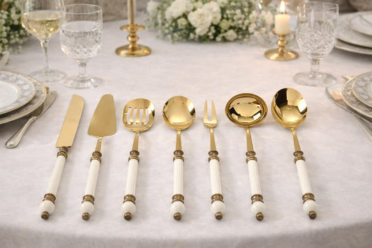 8-Piece Antique Gold Serving Set with Elegant White Handles