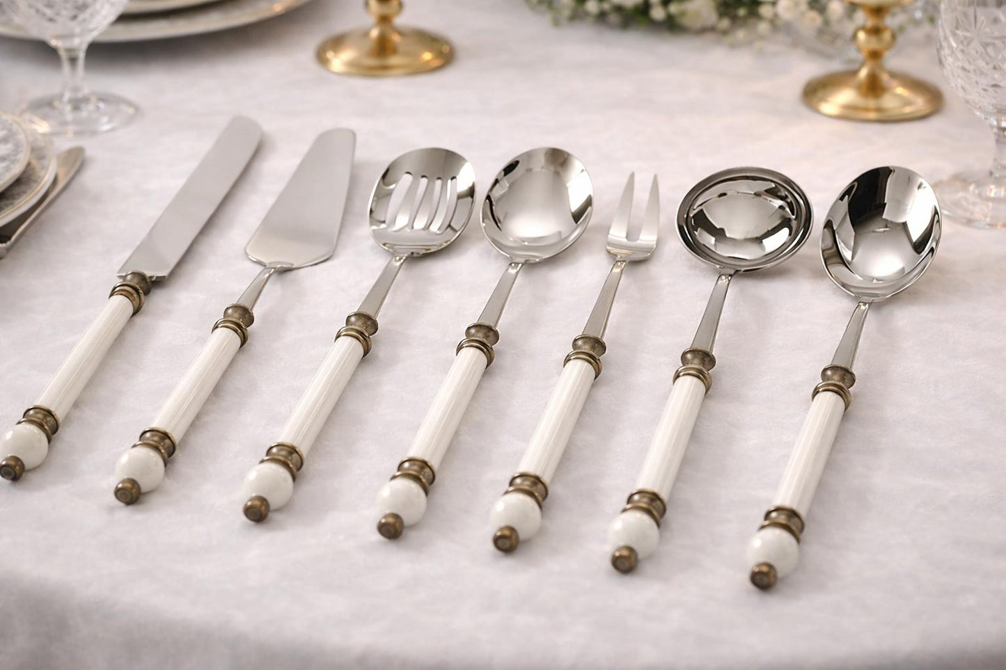 8-Piece Gold Serving Set with Elegant White Handles