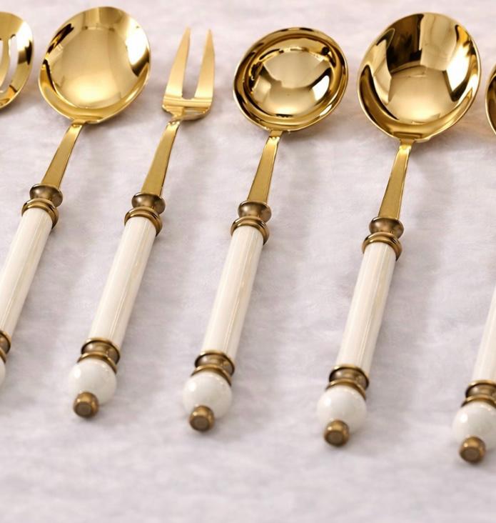 8-Piece Gold Serving Set with Elegant White Handles