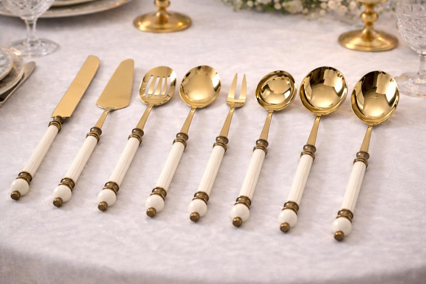 8-Piece Gold Serving Set with Elegant White Handles