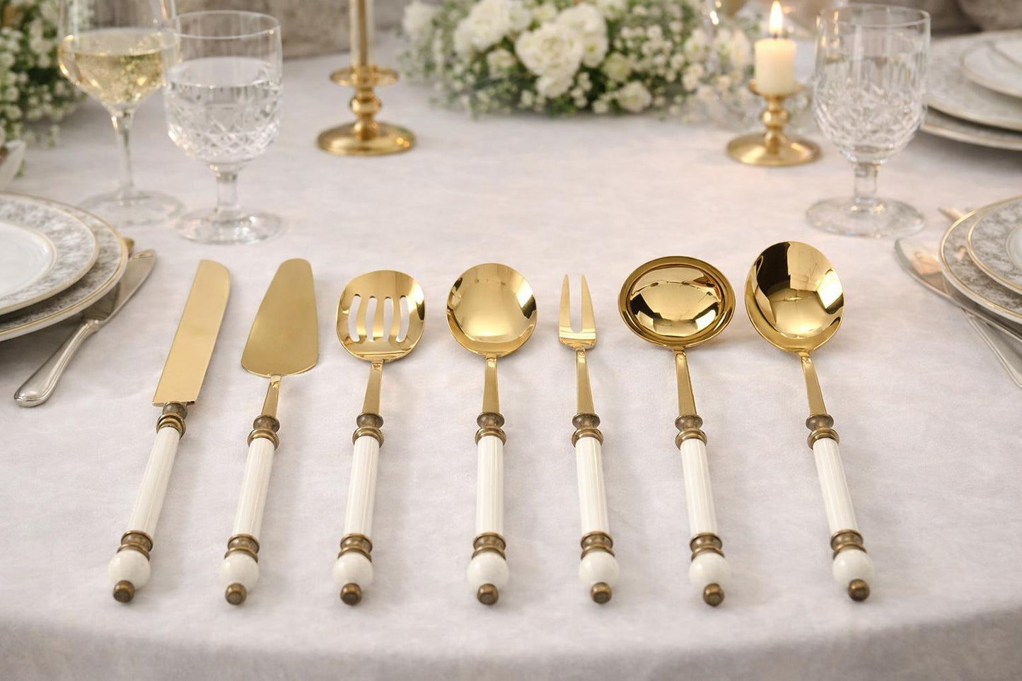8-Piece Gold Serving Set with Elegant White Handles