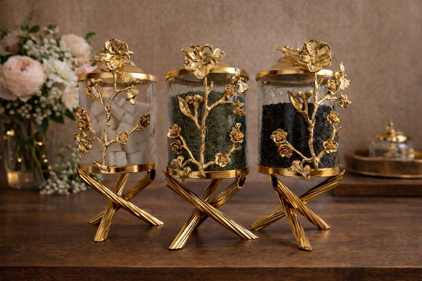 Luxury Gold Canister Set | 3 Piece Kitchen Storage Jar Set with Floral Design