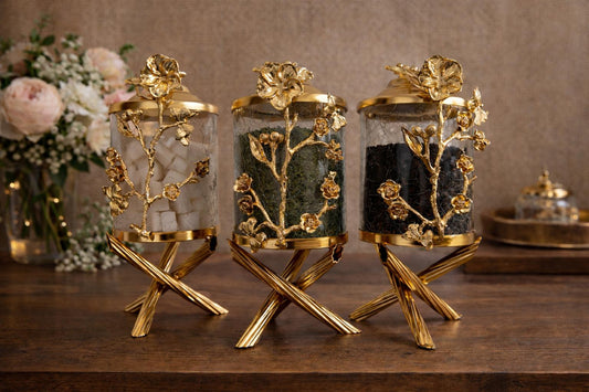 Luxury Gold Canister Set | 3 Piece Kitchen Storage Jar Set with Floral Design